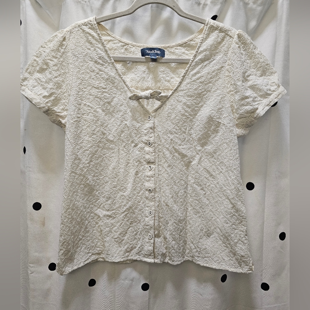 Modcloth‎ cream button front puff sleeve cotton floral eyelet top XL